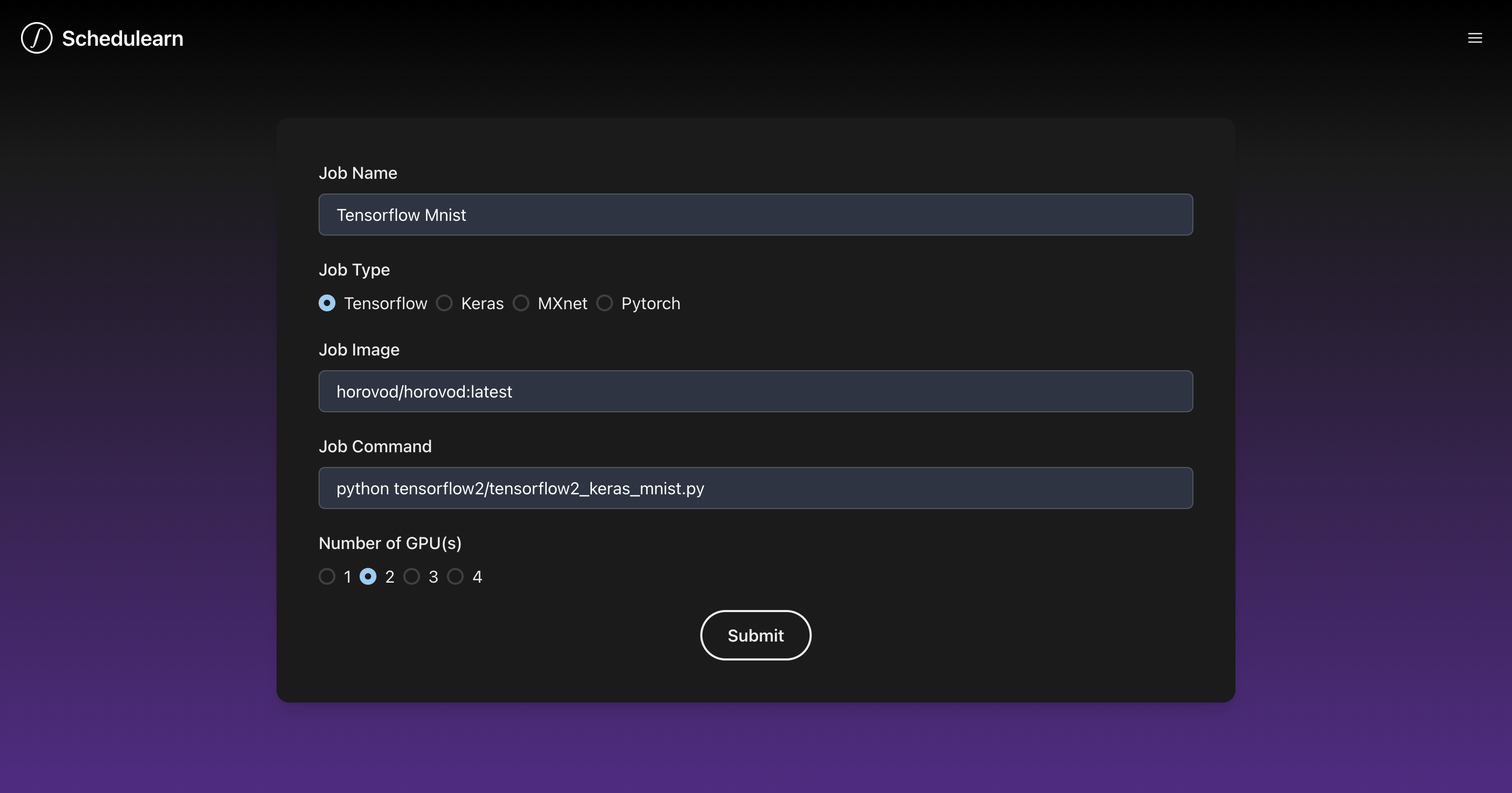 A form to submit a job to the system
A form to submit a job to the system