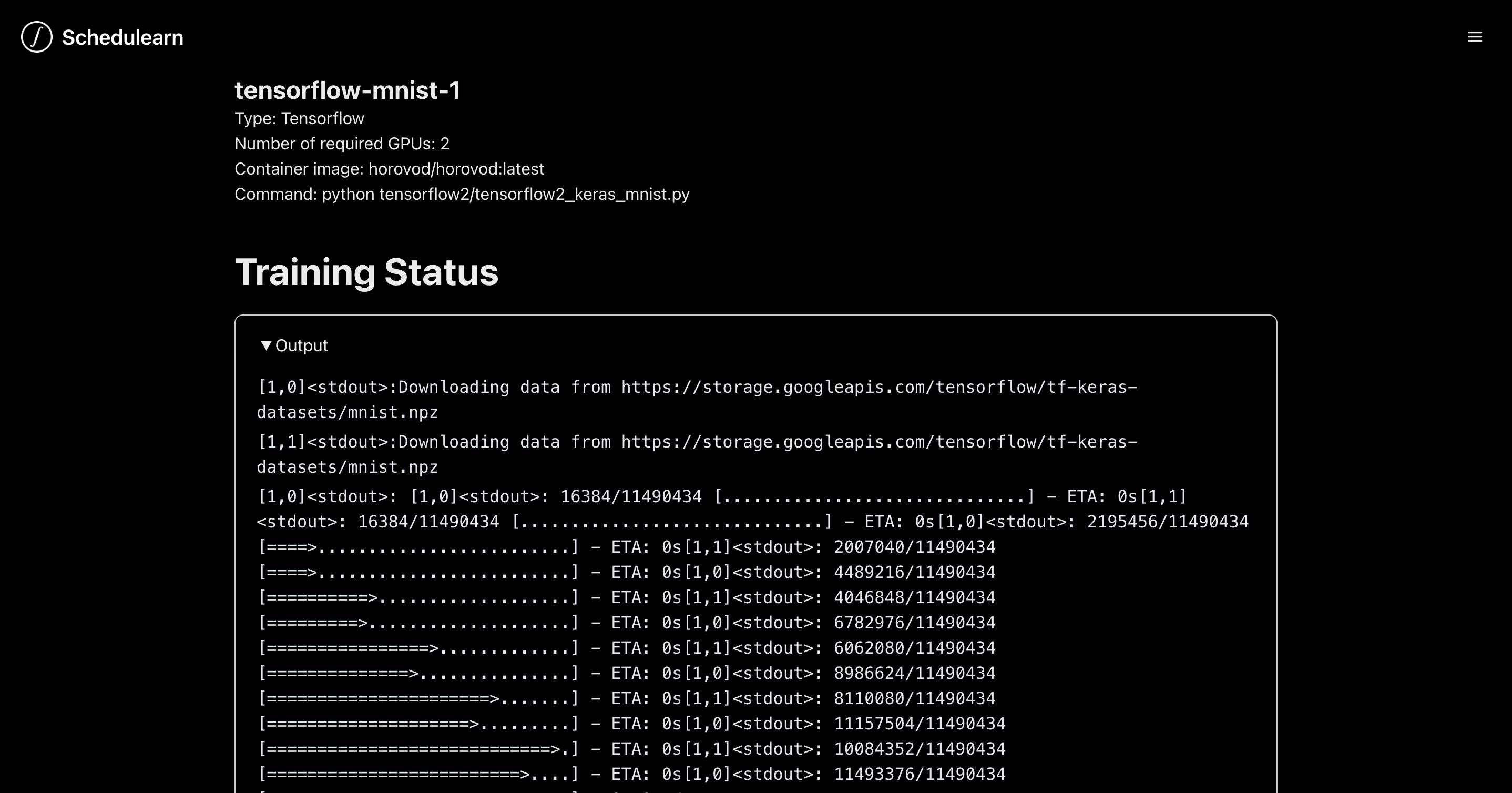 The output streamed from the job's docker
The output streamed from the job's docker